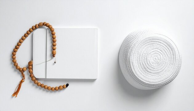 Minimalist spiritual composition with white notebook and wooden prayer beads beside rolled prayer rug, serene arrangement symbolizing meditation, devotion, and purity.