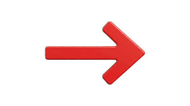Glossy red arrow pointing right 3d render isolated on transparent background for graphic design and web applications