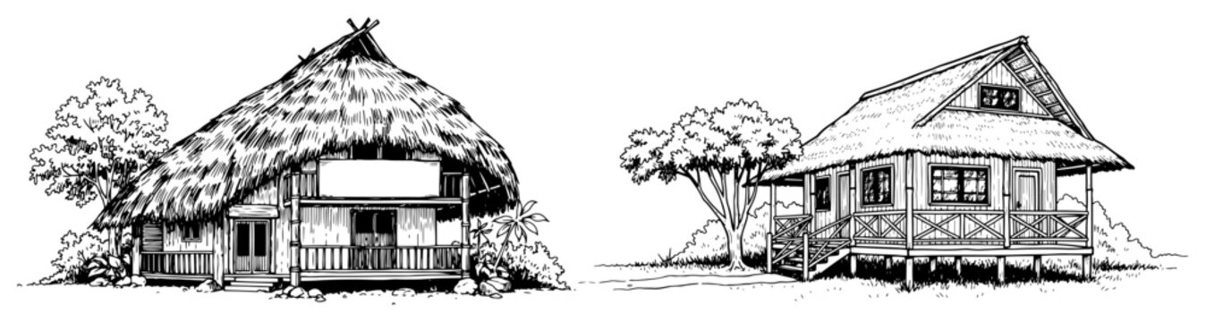 Tropical thatched roof huts and traditional island dwellings in black and white sketch style