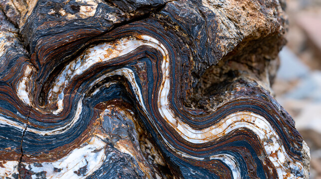Ptygmatic fold in migmatite, highly contorted leucosome vein folded within melanosome gneiss host, high-grade metamorphic ductile deformation record, geological field specimen .ultra photorealism, c