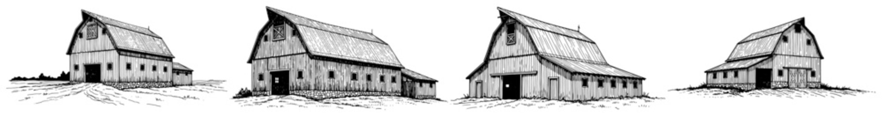 Traditional wooden barns and rural farm buildings in black and white sketch style © AnjaliDesai