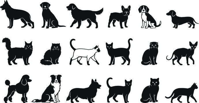 Dog and cat silhouettes on a white background a collection of animal shapes silhouette shape canine feline pet domestic mammal vector illustration