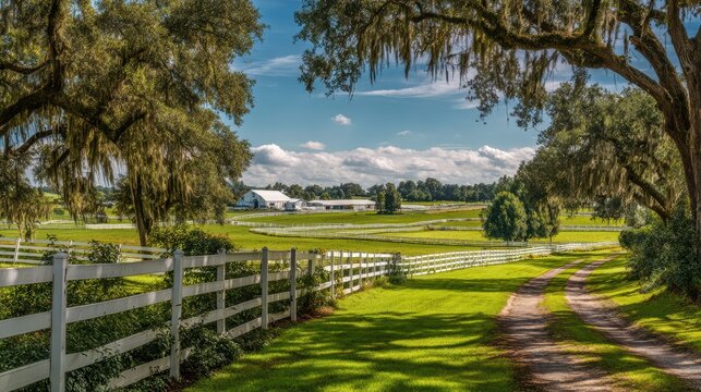 Lush Ocala Florida Horse Farm Acreage with Paddocks, White Fencing, and Grazing Horses Under a Bright Sky