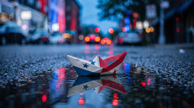 Paper boat with Panama flag colors floating in street water puddle