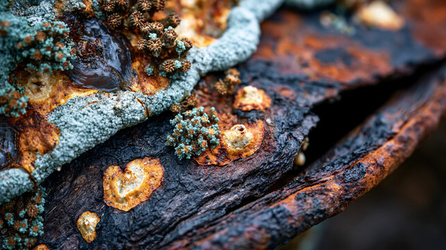 Shipwreck encrustation community macro, steel hull plate covered in coral, bryozoan, and tunicate settlement, steel corrosion rust patina integrating with biogenic carbonate overlay, decay and trans