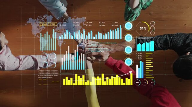 Group Collaboration and Business Analytics Displaying Graphs, Charts, and Data Insights on a Wooden Table Surface. Entropy.