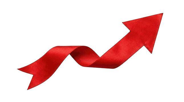 Red ribbon arrow pointing upwards isolated on transparent background