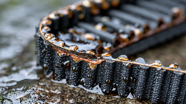 Timing belt wet with machine oil droplets caught in tooth valley grooves, HTD profile tooth geometry glistening under single focused spot, polymer tensile cord layer visible at frayed cut edge, deca