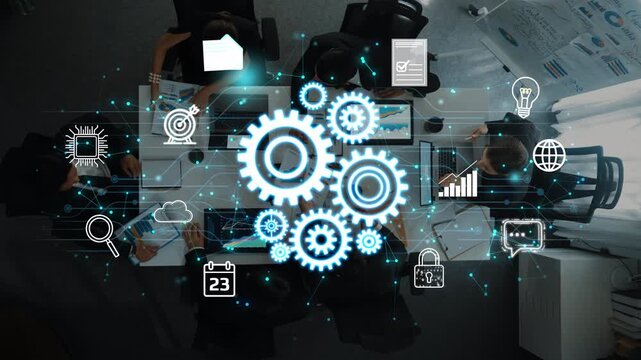 Business Meeting with Digital Collaboration Elements, Gears, and Icons Representing Technology, Innovation, and Strategy in a Modern Office Environment. Entropy.