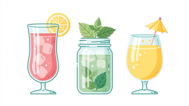 Simple flat vector illustration of three refreshing summer drinks in different glasses