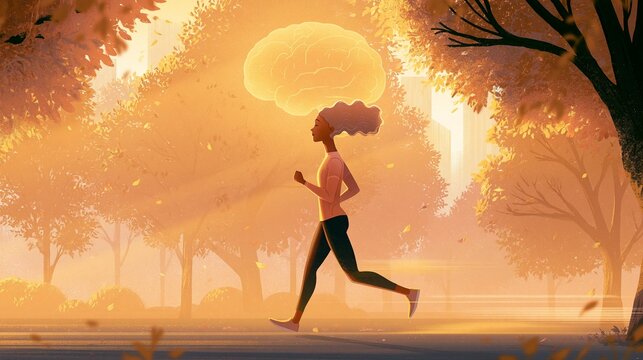 A woman jogging through a leafy city park at sunrise, a soft glowing brain overlay above her head, hopeful mood, warm golden light, side-profile composition with motion blur.