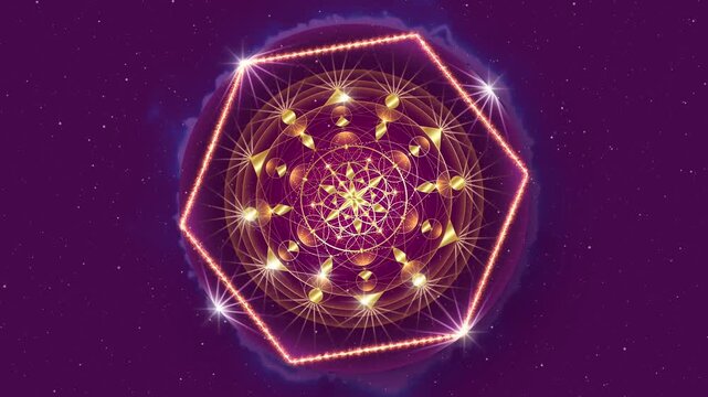 Video animation Flower of Life. Gold Sacred geometry. Loop footage of Mystic icon, luxury mandala, mystical hexagon, crop circles, shiny special effects, sparkling design, purple galaxy background