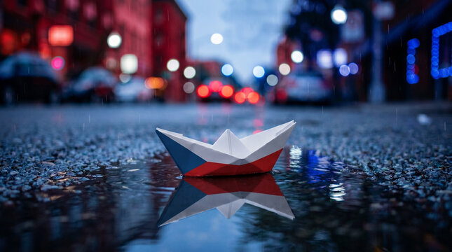 Paper boat with Czechia flag colors floating in street water puddle