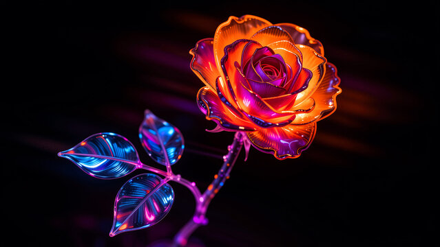 Glowing neon rose with blue leaves