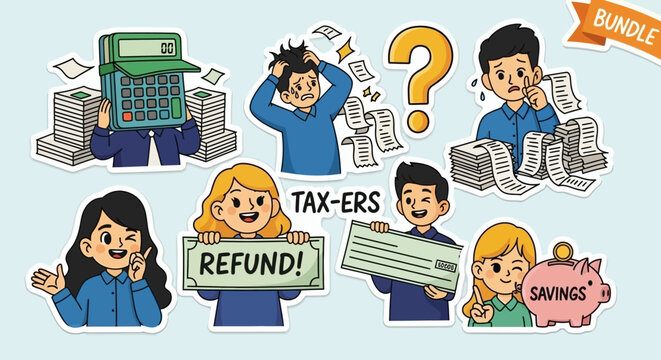 Cartoon Characters Reacting To Tax Season Stress And Refunds.