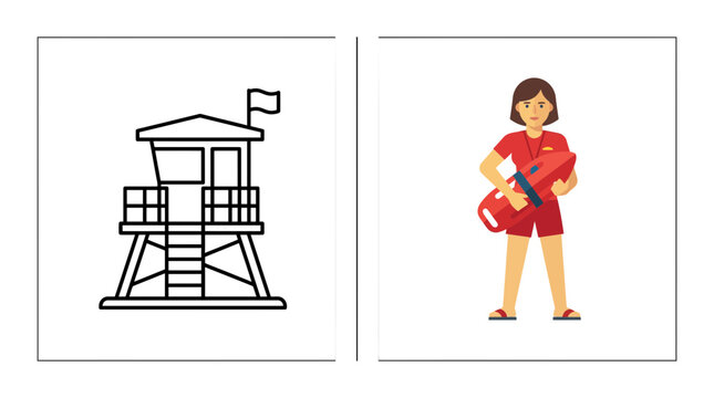 Beach lifeguard tower and female lifeguard holding rescue float.