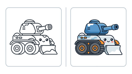 Blue snowplow tank vehicle cartoon outline and color. © alpha