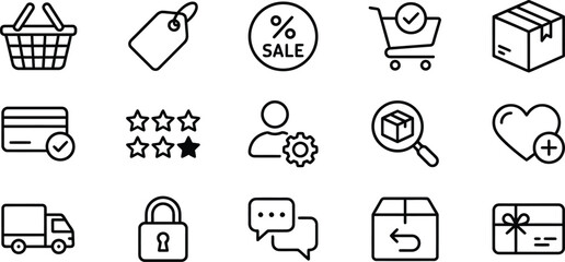 E commerce line icons set shopping cart sale delivery and customer service silhouette isolated on transparent background © mdkamran