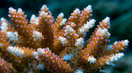 Obraz premium Acropora staghorn coral branch system close framing, polyp corallite cups arrayed along cylindrical branches, calcium carbonate skeletal architecture revealed under split dramatic lighting, live tis