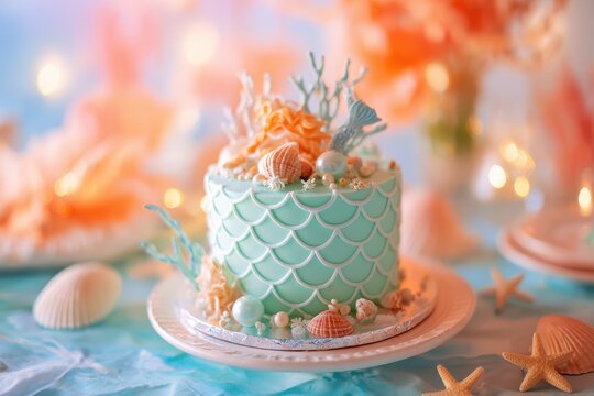 Underwater fantasy birthday cake with mermaid accents, coral elements, and blue frosting