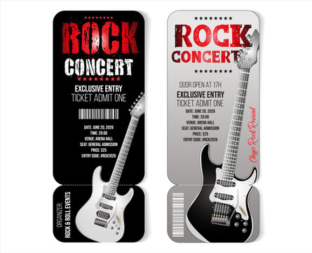 Live Rock Music Ticket, Concert Pass with Guitar Icon and Gradient Background, Futuristic Vector Ticket with Music Event Layout 