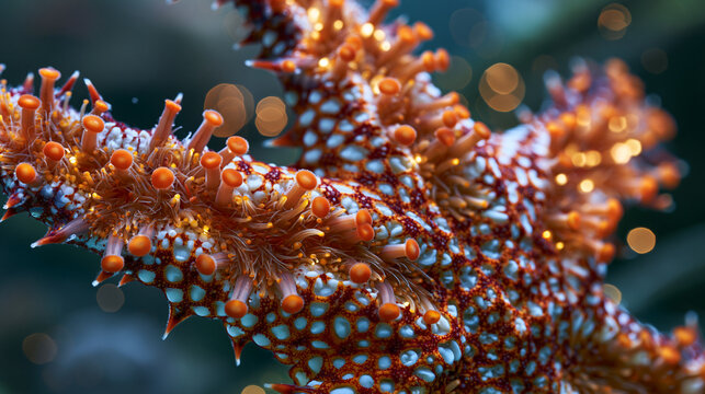 Asterias starfish ambulacral arm underside macro, tube foot podia array with suction disc tips extended, papulae respiratory projections between ossicle plates, dramatic low angle light raking acros