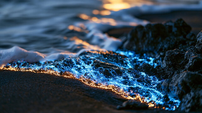 Bioluminescent dinoflagellate plankton bloom activating in night surf, Noctiluca scintillans producing cold chemiluminescent emission at wave break, long exposure rendering foam and light trails acr
