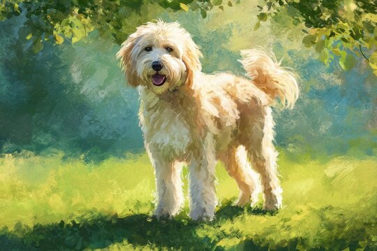 Cute Goldendoodle dog portrait in warm pastel colors