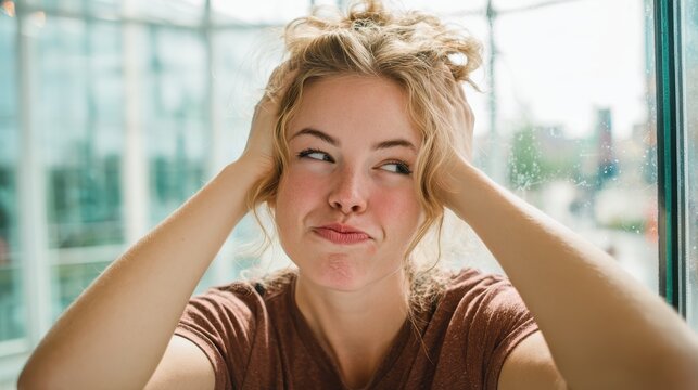 Whimsical close-up of a woman with a goofy expression pressed against a window pane