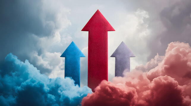 Red Arrow Leading Others Upward Through Colorful Clouds Concept