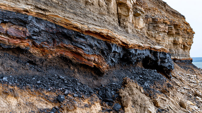 Coal seam horizontal exposure in eroded sandstone cliff face, bituminous carbon deposit stratigraphy visible between sedimentary layers, geological survey documentation, overcast natural diffuse ill