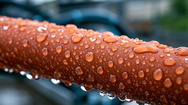 Collaborative robot bumper rail with rain droplets beaded across soft silicone elastomer surface, water tension forming perfect spherical drops on hydrophobic polymer skin, wet surface transformatio