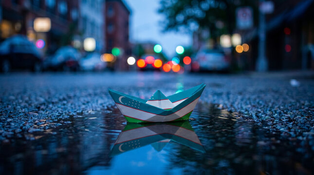 Paper boat with Uzbekistan flag floating in urban street puddle