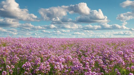 Fototapeta premium Blooming buckwheat field under a blue summer sky with scattered clouds