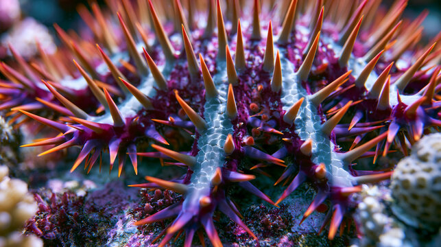 Crown of thorns Acanthaster planci aboral surface detail, venomous spine array casting dramatic shadows across ambulacral groove system, ossicle plate mosaic texture, tube feet visible between spine