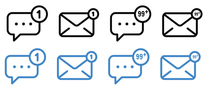Notification badge icons for chat messages and email inbox with unread count for user interface