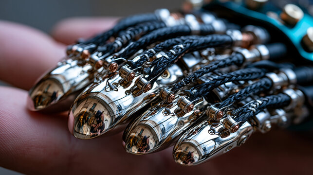 Five-finger robotic gripper tendon cable routing reflected in polished fingertip surface, mirrored distorted reflection of cable routing pulleys visible in convex tip geometry, reflection surface st