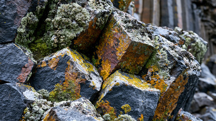 Fototapeta premium Giant basalt prism face detail, weathered hexagonal column surface with lichen colonization on volcanic rock, coastal exposure geological documentation, dramatic overcast diffuse light .ultra photor