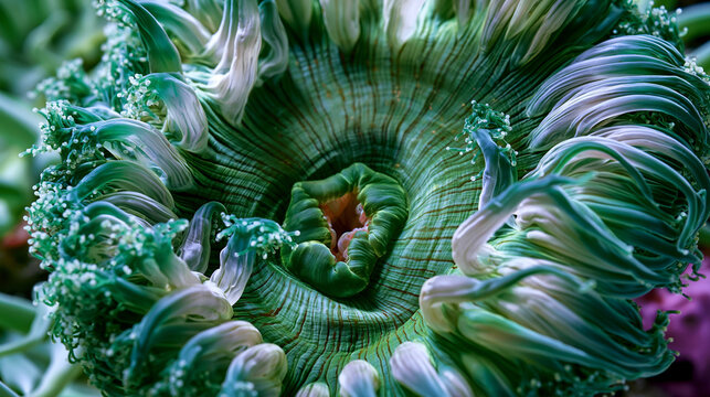 Giant sea anemone column and oral disc macro, tentacle array expanded in feeding posture, nematocyst-laden tips catching split dramatic sidelight, pharynx visible at center, symbiotic zooxanthellae 