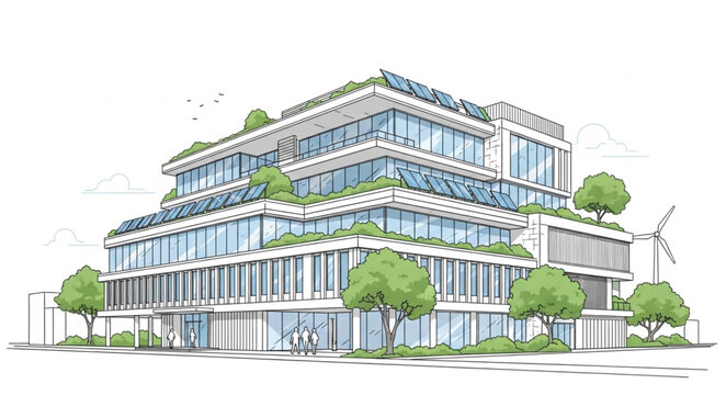 Modern Sustainable Office Building with Green Rooftops and Trees.