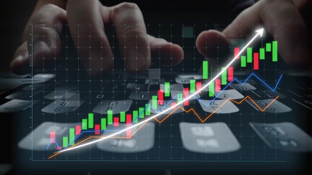 Close-up of hands typing on a keyboard with a stock market graph in the background, illustrating financial growth, analytics, and investment strategies in a digital environment. Copula