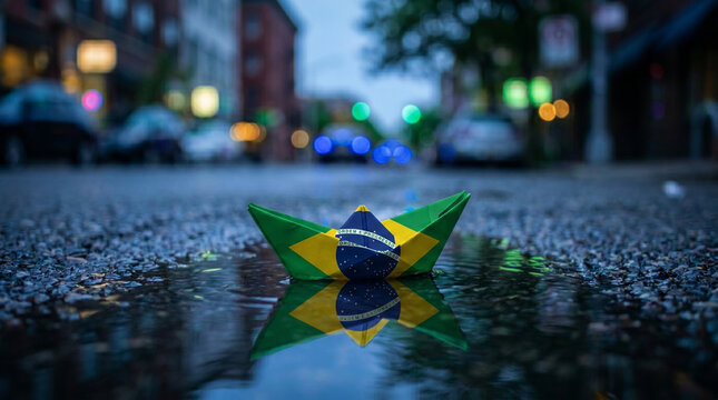 Paper boat with Brazil flag floating in street puddle water reflection