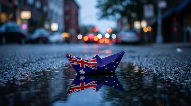 Paper boat with Australia flag floating in wet road puddle