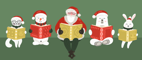 Obraz premium Santa Claus with animals reading book on bookshelf. Cute Christmas horizontal banner. Christmas reading, books, library, literature concept.