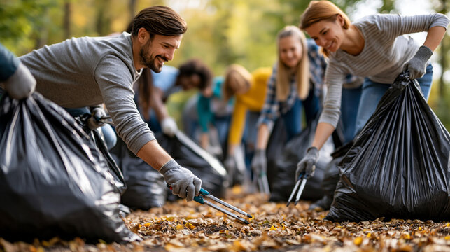 Diverse volunteers cleaning up park, collecting trash, demonstrating community service and environmental care