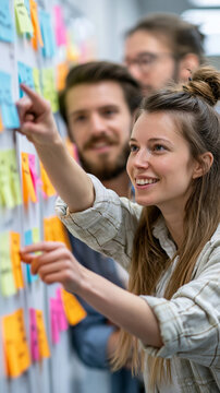 Agile team collaborating, young woman analyzing project tasks and planning strategy using sticky notes on a board