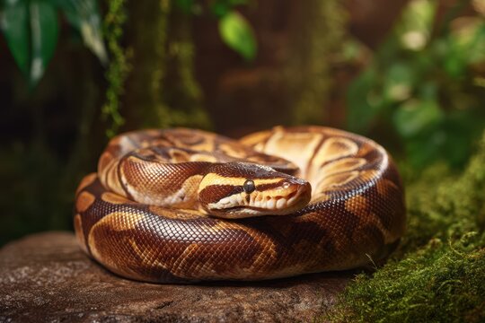 Detail image of a ball python skin with earthy browns, golds, and distinctive markings