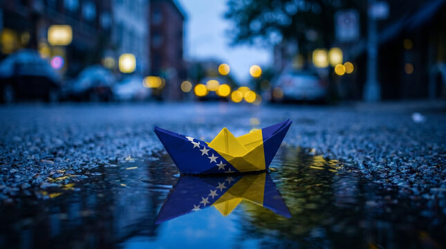 Paper boat with Bosnia Herzegovina flag floating in city puddle