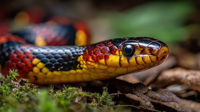 Close-up photograph of an Eastern coral snake coiled on leaf litter
