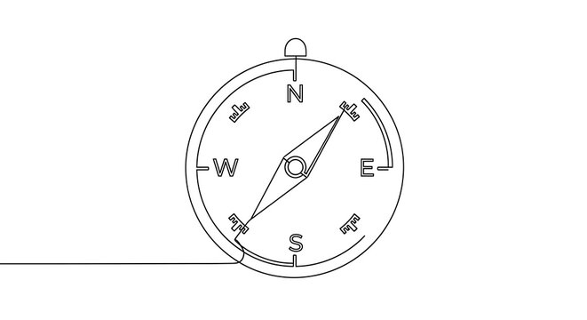 Minimalist continuous line art drawing of a vintage navigation compass, travel and direction concept, generative AI
